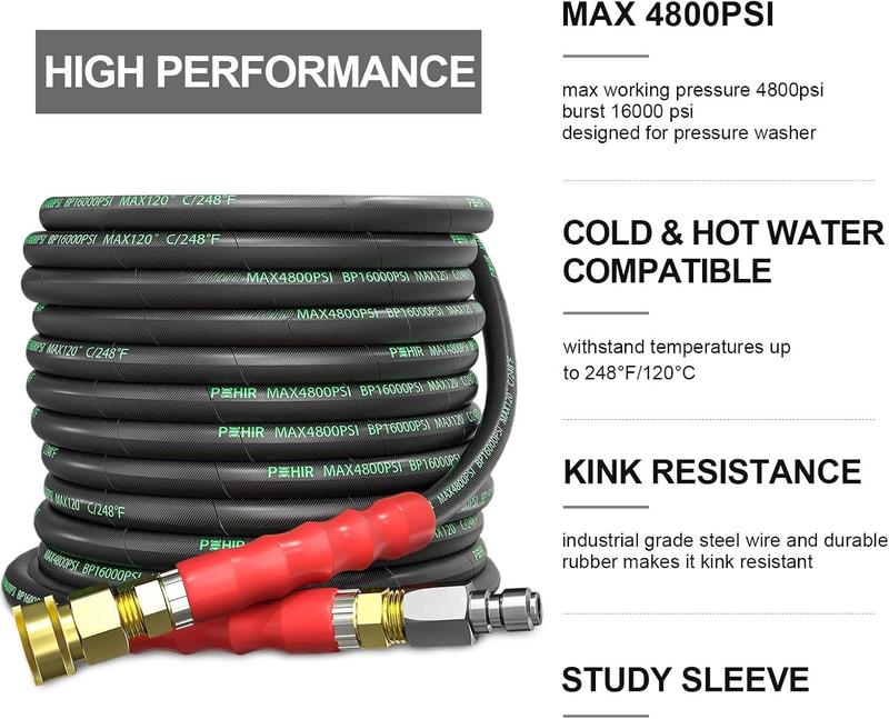 3/8" Washer Hose 50 FT for Cold and Hot Water Max 248F with Quick Connect, 4800psi Kink Resistant Industry Grade Steel Wire Braided Synthetic Rubber Jacket with 2 M22 14mm Adapter Set 3/8" Washer Hose 50 FT for Cold and Hot Water Max 248F with Quick Connect, 4800psi Kink Resistant Industry Grade Steel Wire Braided Synthetic Rubber Jacket with 2 M22 14mm Adapter Set