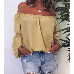 Women's Off-Shoulder Elastic Ruched Cotton Linen Solid Color Long Sleeve Shirt Fitted Basic Minimalist Blouse Top Casual Soft