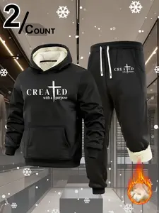 Men's 2-Piece Sherpa-Lined Tracksuit, "CREATED with Purpose" Cross Graphic, Minimalist Faith-Driven Set, Solid Tracksuit Matching Set