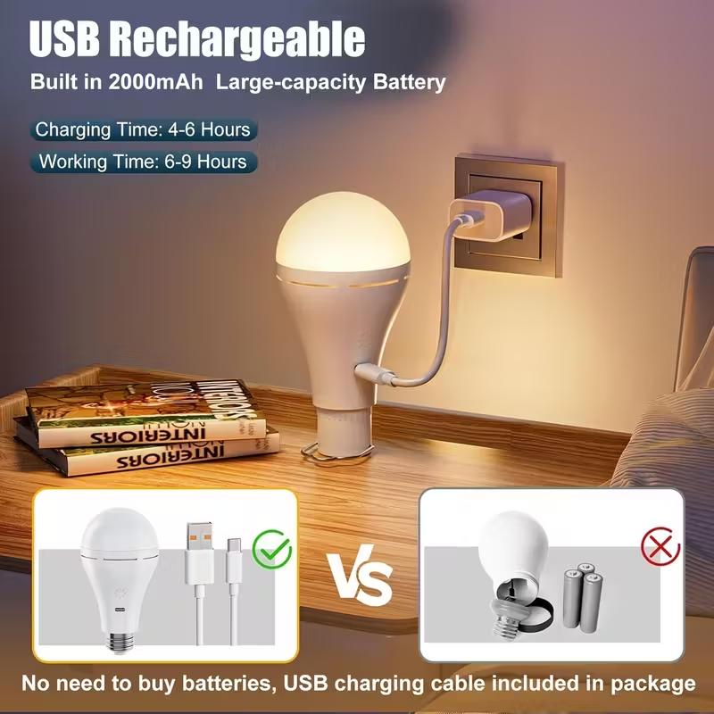 USB Rechargeable LED Light Bulbs E27 9W Dimmable Timer Remote Control 3 Color Temperature Battery Powered Touch Control Emergency Bulb With Hook 2000mAh wireless outlet