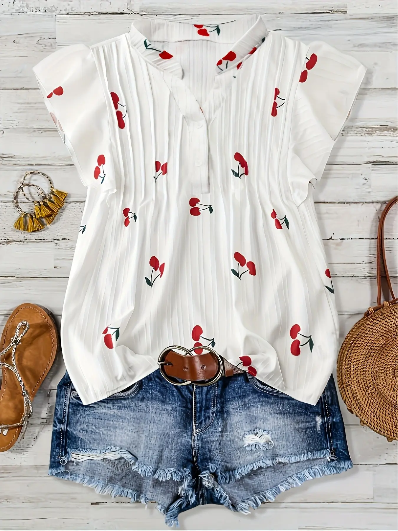 Cherry Print Short Sleeves Shirt Blouse Top for Women, Fresh Sweet Aesthetic Look, Elegant Casual Style, Ladies Fashion Clothing, Perfect for Everyday Wear