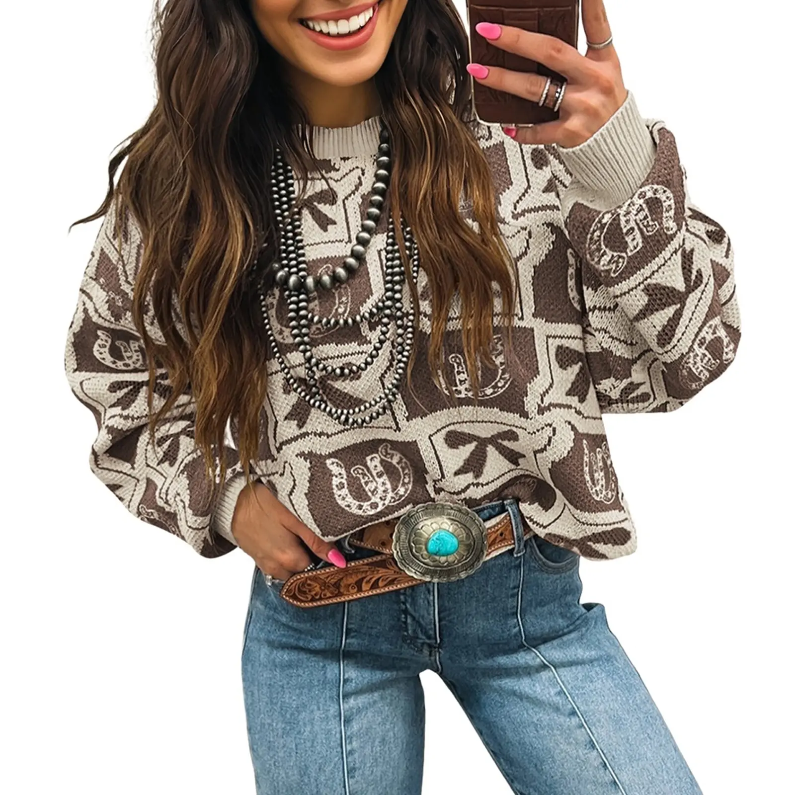 Asvivid Women's Western Long-Sleeve Crewneck Sweater - Bows & Horseshoes Print, Comfortable Knit Clothes, 1-Piece Casual Pullover for Fall Cowboy Outfits
