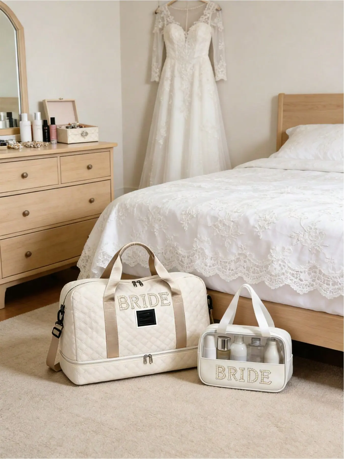 2 Piece Wedding Handbag Set with Makeup Bag, Luxe Bridesmaid Pouch, Durable Beach Bag, Perfect for Weddings and Parties