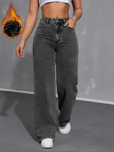 Women's Fleece Straight Leg Jeans, Classic Casual Fashion Boyfriend Pants, Warm Comfort Design, Fall & Winter Wear, Stylish Women's Clothing