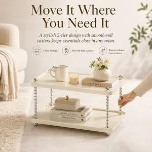 Multi-Purpose 2-Tier Rolling Stand with Wheels, Cream Storage Rack with Raised Tray Shelves, Mobile Organizer Shelf for Living Room, Bedroom, Bathroom, Vanity
