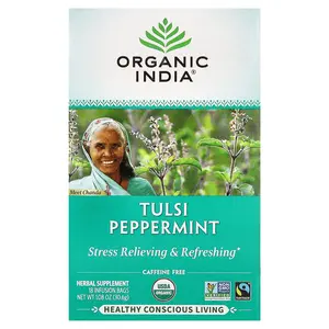 Organic India Tulsi Peppermint Tea, Caffeine Free, 18 Infusion Bags, 1.08 oz (30.6 g)