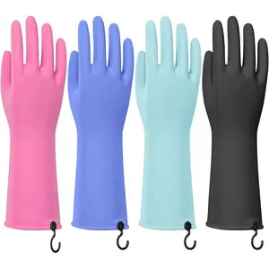 4 Pairs Rubber Dishwashing Gloves with  Hooks -  Cleaning Gloves for Kitchen & Household, Non-Slip, Durable and Flexible (Medium, 4 Colors)