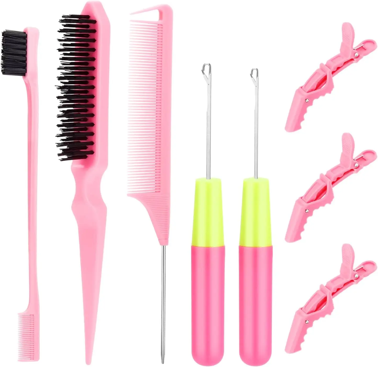 Flovera - Crochet Hair Braiding Tool Set with Latch Hook, Edge Brush, Rat Tail Comb & Gator Clips