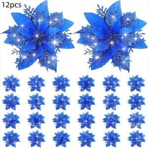 12 royal blue flashing Christmas flowers-shiny Christmas tree decoration, no electricity, durable plastic flower decoration, used for garlands, garlands, homes and offices-elegant holiday decoration, suitable for Christmas,