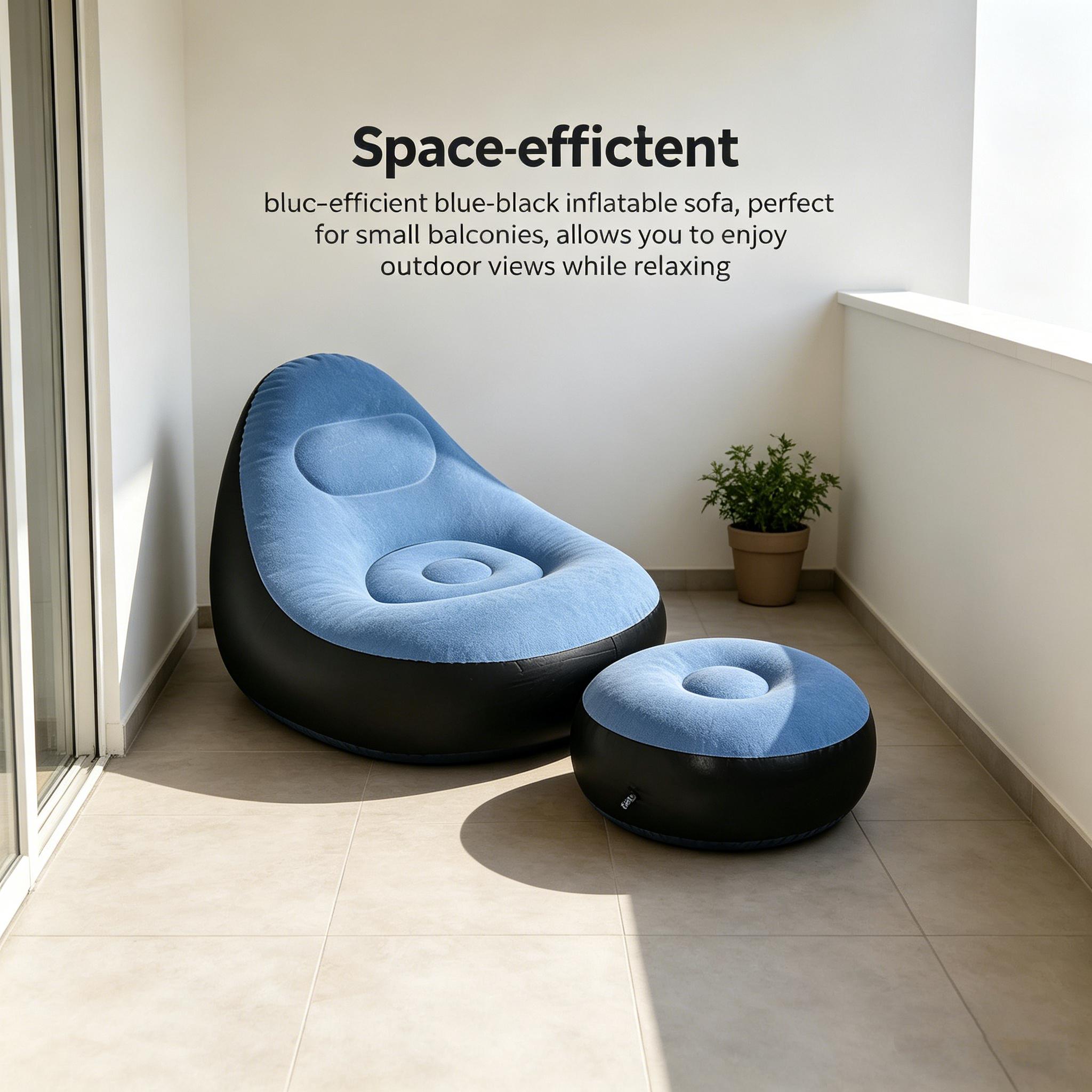 1pc Soft Flocked Inflatable Sofa with Footrest in Blue, Lightweight Foldable Single Recliner, Easy Storage Lounge Chair for Indoor Living Room Balcony Outdoor Camping Relax