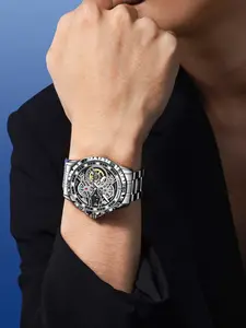 Full Skeleton Automatic Watch, Silver Color Stainless Steel Men's Luxury Wristwatch, Elegant Analog Dial, Epic Gift for Him, Sleek Mechanical Design