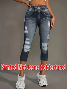 Women's Printed Tight-Fitting Pants, Non-Cotton Fabric, Seven-Inch Leggings, Faux Denim Print, All-Season Wear, Comfortable & Stylish Bottom