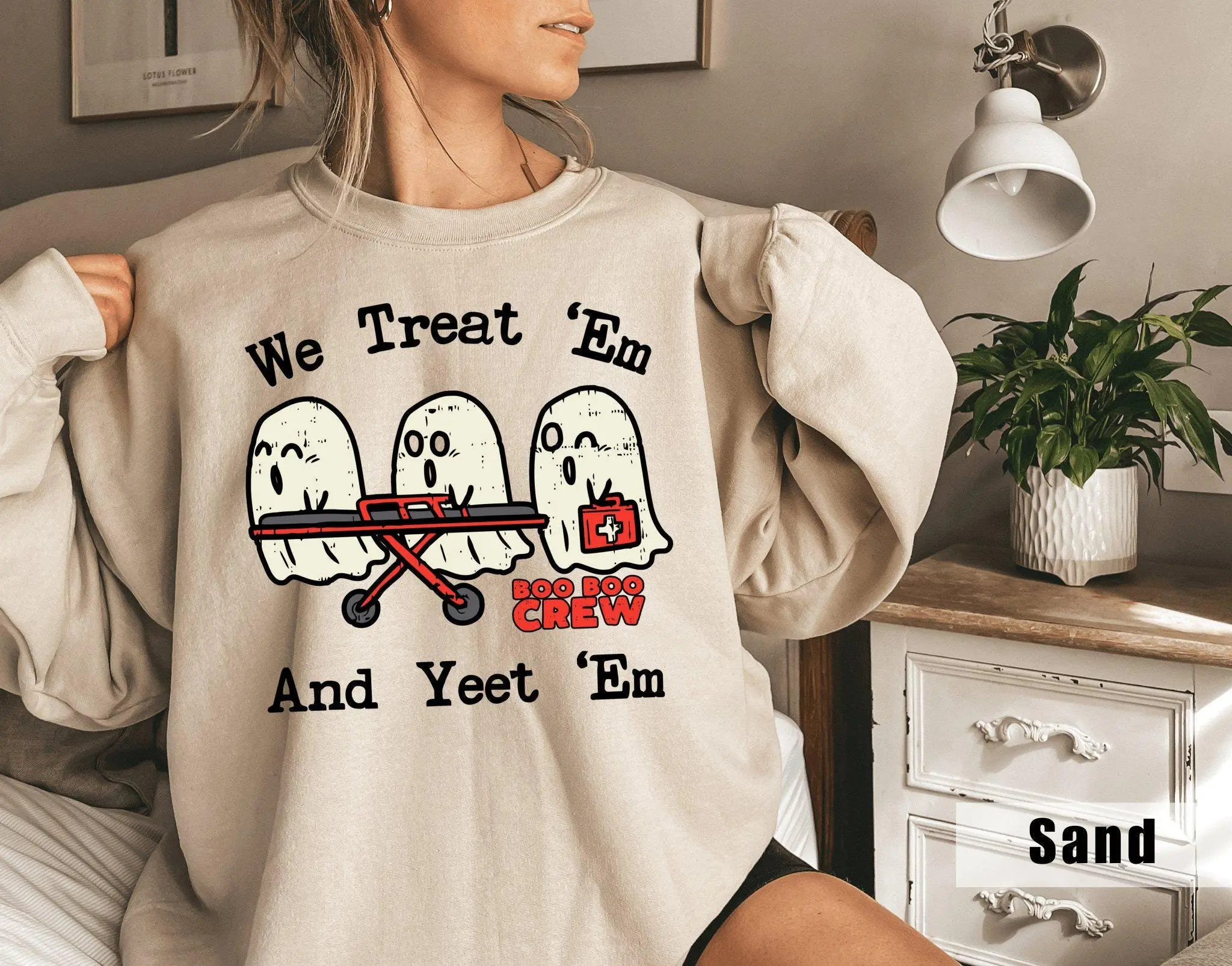 Halloween Paramedic Shirt, Funny EMS Halloween Sweatshirt, EMT Halloween Shirts, Treat Em and Yeet Em Tee Ghost Sweater Women Medic Crewneck