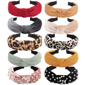 10 Pack Headbands for Women Top Knot Fashion Headbands Velvet Pearls Cheetah Cloth Knit Girls Womens Wide Knotted Turban Headbands Head Band