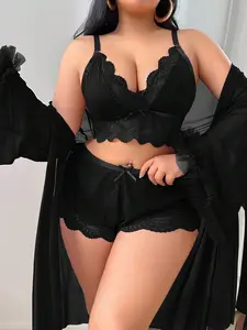 3pcs Set: Lace Patchwork Sexy Camisole Shorts + Floral Trim Loose Robe, Plus Size Lingerie Robe Set Long Sleeve Lingerie Set 2 Piece Lingerie Set