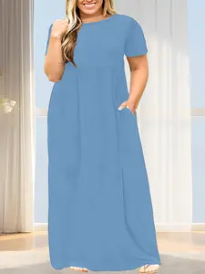 Plus Size Loose Fit Short Sleeve Round Neck Dress, Conceals Belly, Slimming Effect, Casual Flowy Long Skirt with Pockets