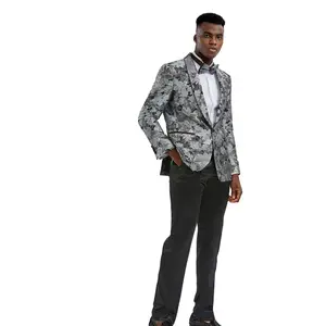 Floral Shawl Collar Single-Breasted Blazer with Bow Tie - Silver