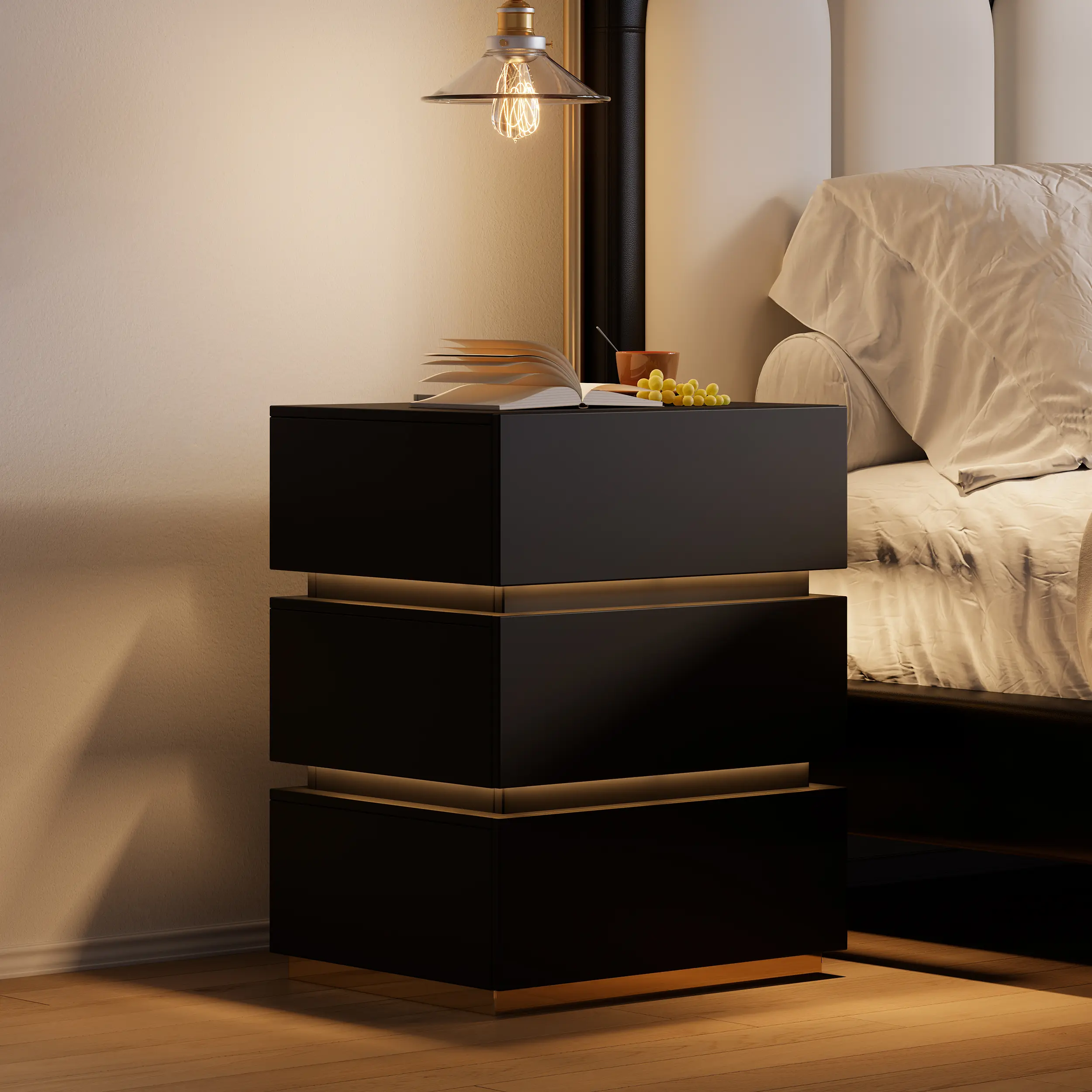 Homary Lumio Luxury Modern LED Light Center Bedside Table with Built-In Storage Drawers, Charging Station, Gold Accent, Built-In Storage Drawers Bedside Tables, Charging Station Bedside Tables,dorm essentials,home decor
