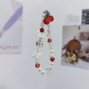 Summer Cherry Cream Bow Phone Chain Strap, Phone Decoration, Ccd Camera Bag Earphone Pendant, Vintage Gift for Mother Family Friends