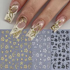 3 Pcs Golden Silvery Mimosa Flower Nail Stickers, Self-Adhesive Spring Summer Floral Nail Decals DIY Nail Art Decorations Accessories