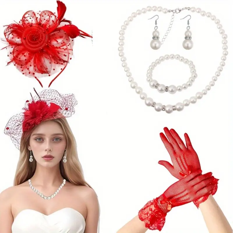 5PCS Red Fascinator Hat Accessories Set for Women with Veil Mesh Headband,Beaded Jewelry Bowknot Gloves - Wedding, Bridal Shower,Tea Party Outfit - Complete Party Ensemble for Parties, Festivals