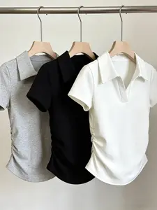 Women's Slim Fit Polo Short Sleeve Top Shirt, Summer New Design, Plain Color Basic Tee, Side Gathered Waist, Versatile for Commuting & Casual