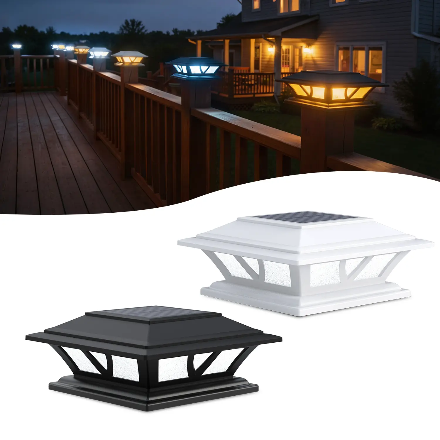 Siedinlar Solar Post Cap Lights Outdoor, Waterproof 2 Modes Warm/Cool White LED, Fits 4x4 5x5 6x6 Wood/Vinyl Posts for Fence, Deck, Railing, Patio & Backyard Decor, Black/White (2 Pack)