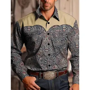 Men's Yellowstone Western Denim Shirt Two-tone patchwork pattern Men's roll-down button top Stylish casual long-sleeved shirt
