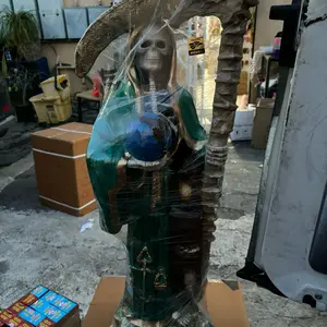 Holy Death Mexican Ceramic Statue 30” Green Color with Blue Sphere, Intricate Details, Ideal for Display and Religious Art Collectors