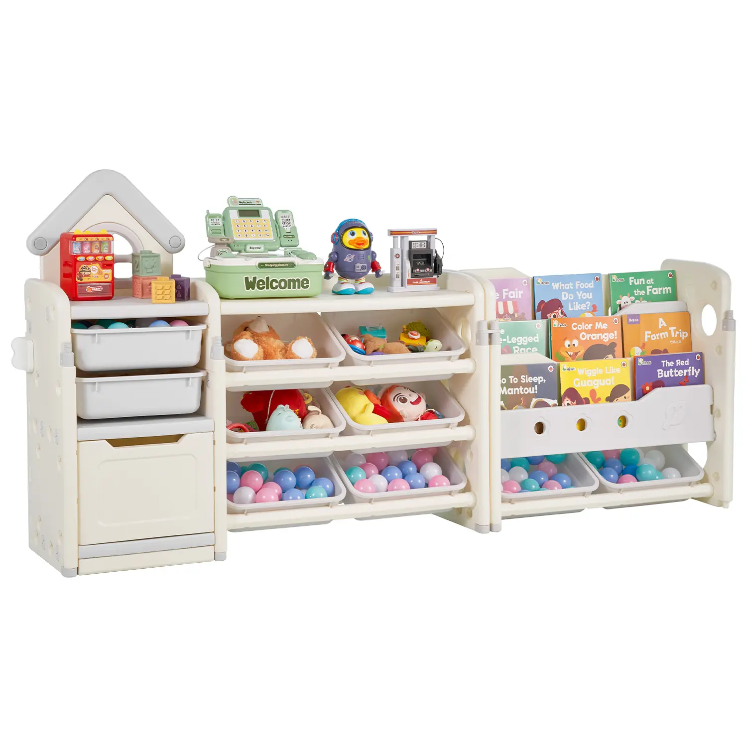 【SummerFinds】VEVOR Kids Open Bookshelf, 4-Tier Stable Multi-Tiered Floor Furniture Organizer with 10 Movable Plastic Bins, Gray-Beige Cubby Cabinet for Playroom, Living Rooms, Wall-Mounting