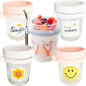 Overnight Oats Containers with Lids and Spoons,16 oz Glass Mason Overnight Oats Jars, portable plastic  storage container for oatmeal, yogurt, soup, grains, milk, etc (2 Pink+2 White)