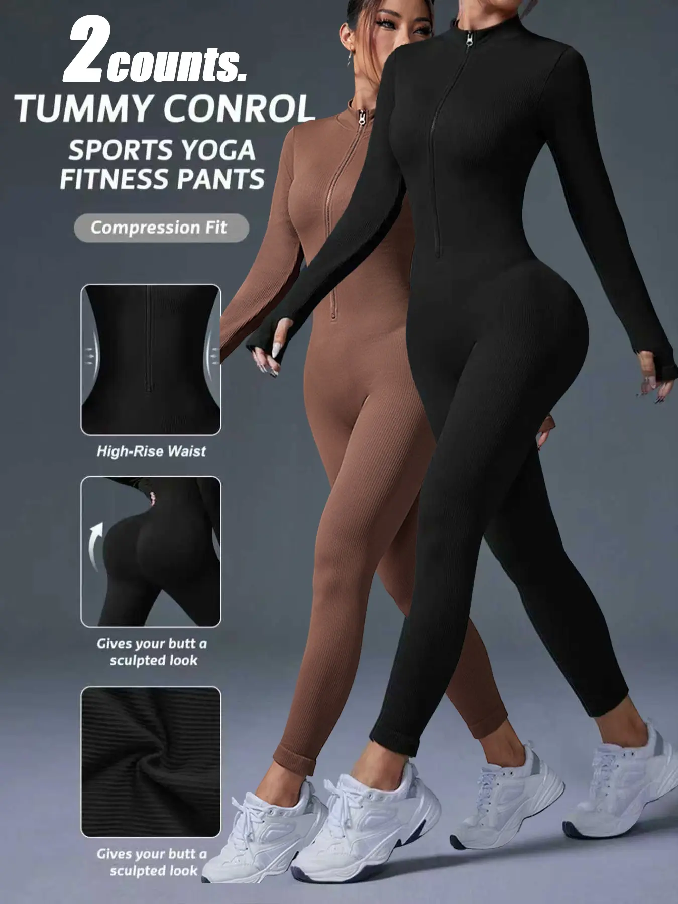 Women's Plain Ribbed Seamless Jumpsuit, Waist Cinched Design for Gym & Outdoor Sports, Fall & Winter One-Piece Pants