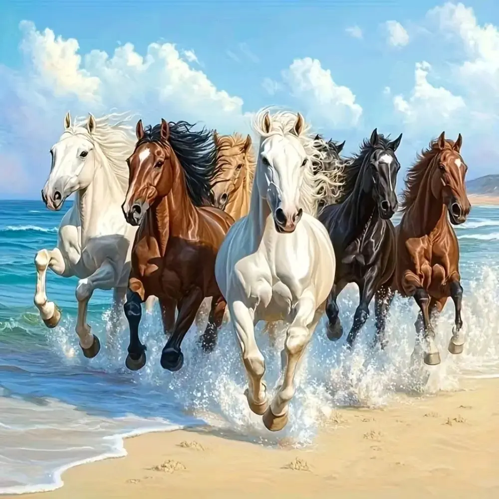 Wild Horses Running on Beach Ocean Waves 5D Full Drill Diamond Painting Kit Galloping Horse Seaside Landscape Art DIY Cross Stitch Mosaic Craft Powerful Home Wall Decor Handmade Gift for Horse & Nature Lovers Diamond Pattern Design DIY Craft Supplies