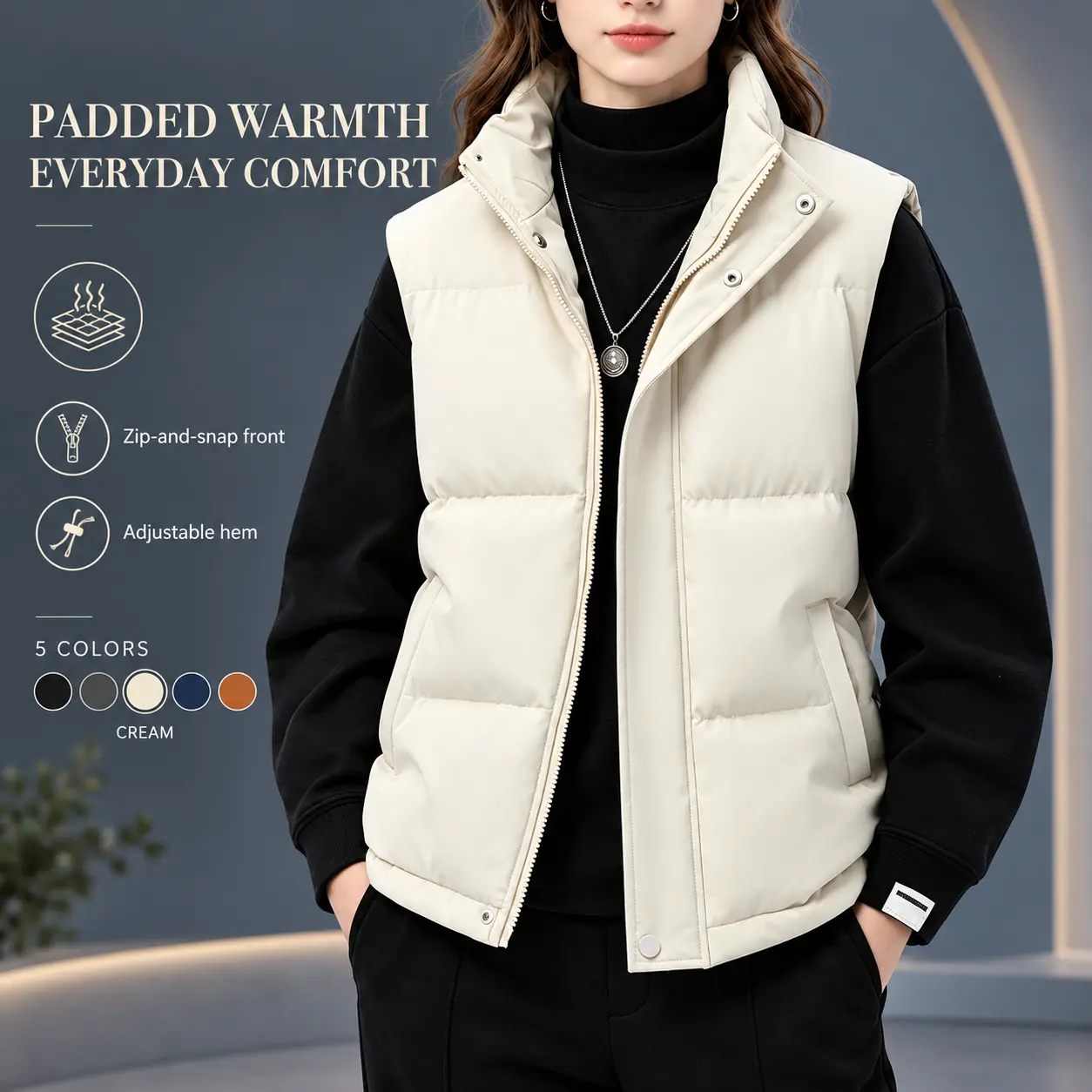 Women's Warm Quilted Puffer Vest, Stand Collar Sleeveless Padded Jacket with Zip and Snap Front and Adjustable Hem, Solid Color Insulated Outerwear for Fall Winter Layering over Sweaters, Everyday Wear and Travel