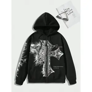 Men's Comfortable Fleece Hoodie with Cross and Letter Print Design, Pocket Detail, Casual Winter Wear, Warm & Cozy Sweatshirt