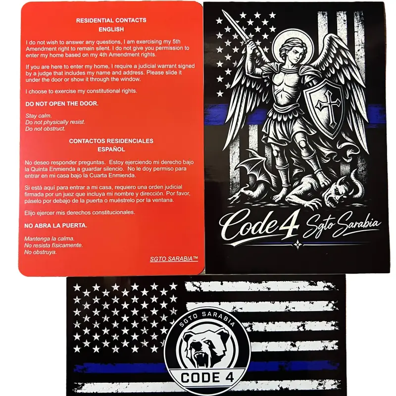 Sgto Sarabia St. Michael Archangel Code 4 Decal Bundle – Includes Thin Blue Line Flag Decal + FREE Bilingual Red Card | Waterproof Vinyl Police Support Sticker
