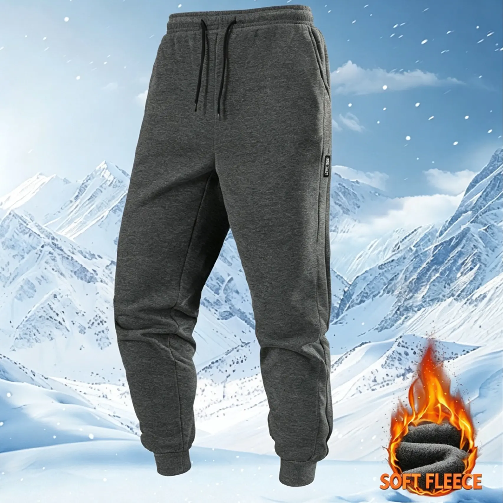 Men’s soft fleece winter casual jogger sweatpants with drawstring cuffs — comfortable fleece joggers with a drawstring waist and functional pockets; soft fleece winter sports pants — comfortable gray sweatpants with drawstring and pockets for everyday wea