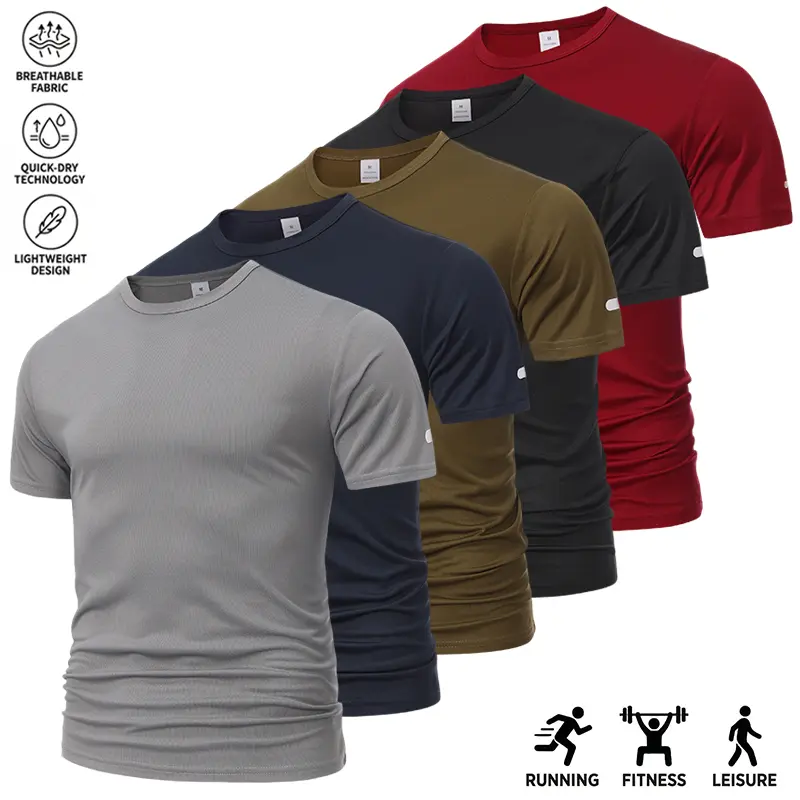 Pack of 5 men’s summer printed T-shirts made from skin-friendly, soft fabric; breathable, sweat-wicking short sleeves for running, fitness, and casual wear; lightweight crew neck available in multiple colors—a stylish, comfortable option for young adults.