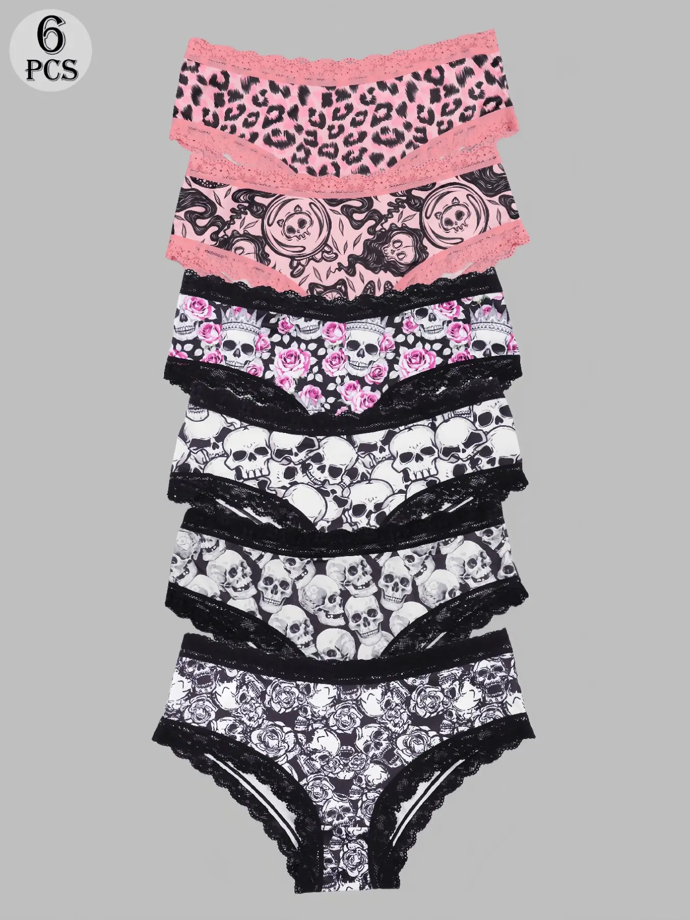 Morvia 6Pcs Alt Girl Gothic Underwear Set, Dark Aesthetic Lace Panties, Breathable Panty, Y2K Spooky Print Seamless Knickers, Soft Lingerie, Breathable Cotton Crotch, Intimates, All Season Comfort Daily Wear
