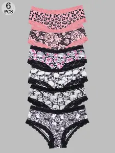 Morvia 6Pcs Alt Girl Gothic Underwear Set, Dark Aesthetic Lace Panties, Y2K Spooky Print Seamless Knickers, Sexy Fitted Soft Lingerie, Breathable Cotton Crotch, Punk Grunge Style Intimates, All Season Comfort Daily Wear