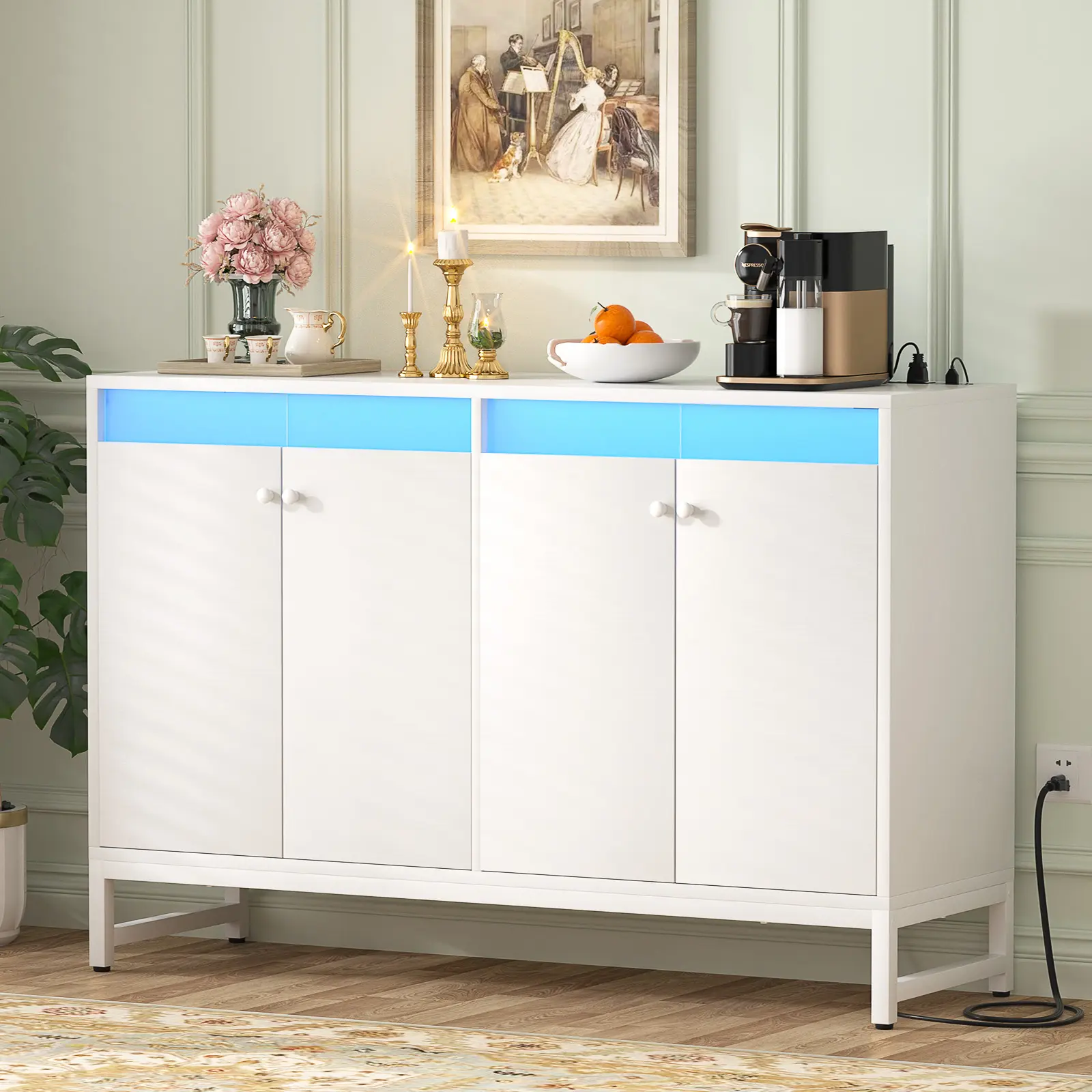 Cyclysio Modern MDF Wood Sideboard Buffet Cabinet - Indoor Furniture with Power Outlet, LED Light, Doors, Storage for Dining Room, Living Room Interior Organization