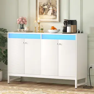 Cyclysio Sideboard Buffet Cabinet with Power Outlet, Kitchen Storage Cabinet with LED Light & Doors, Accent Cabinet Cupboard Buffet Table with Storage for Dining Room, Living Room, Hallway,