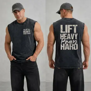 2-sided Lift Heavy Pray Hard Washed Tank Top, Gym Essential, Vintage Casual Crewneck Short Sleeves Menswear T-shirt Classic Cotton Fabric Streetwear