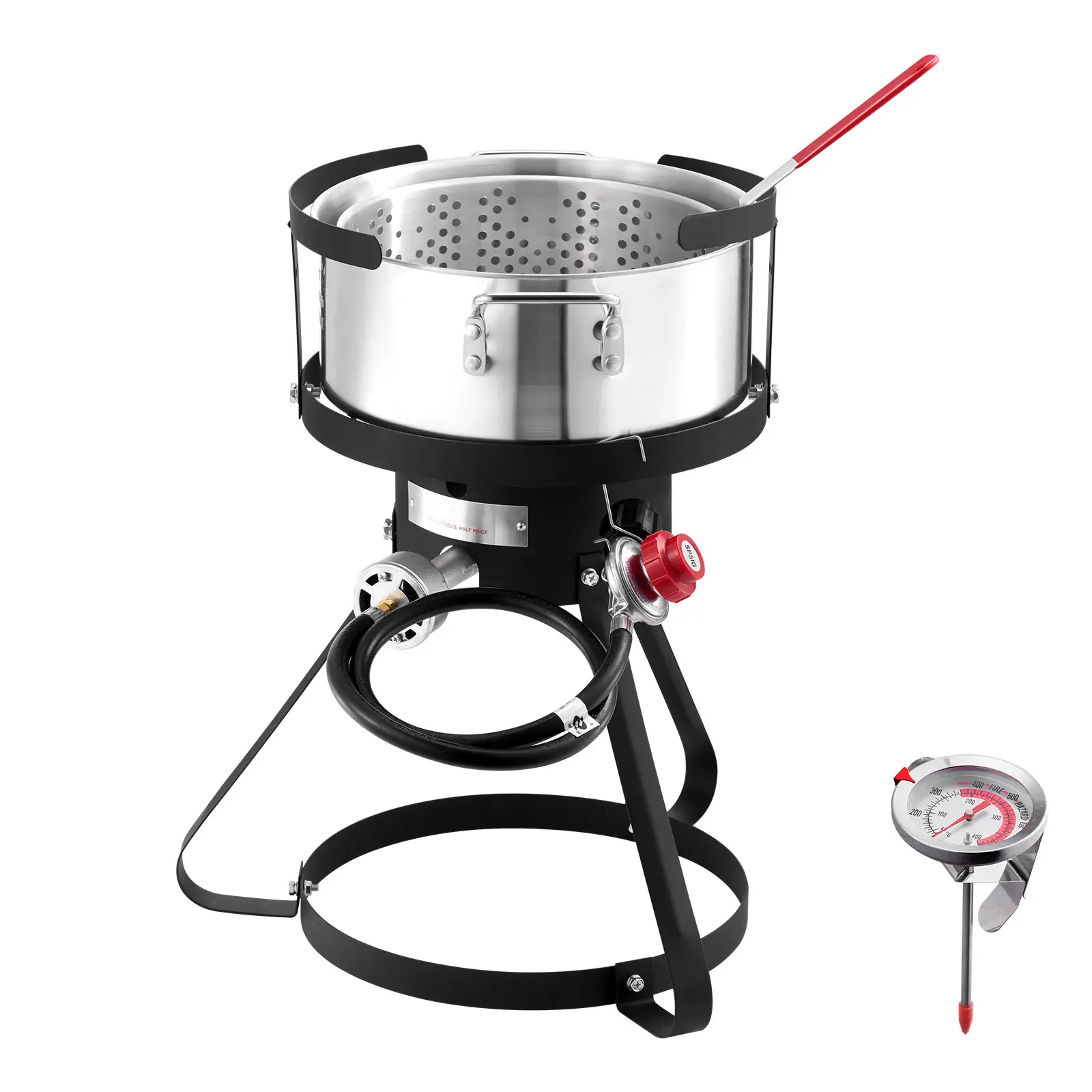 10 Qt Fish and Wing Fryer, Aluminum Propane Fish Fryer Kit, Outdoor Deep Fryer Seafood Pot with Thermometer, Strainer Basket, and 54,000 BTUs Propane Burners, for Outdoor and Backyard Cooking