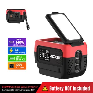 AZOCEK 240W Pure Sine Wave Portable Generator Compatible with Milwaukee 18V Battery, 140W USB-C PD 3.1 Laptop Fast Charger & 7A Rapid Battery Recharger, 120V AC Power Station with 600LM LED (Battery Not Included) outdoorfun