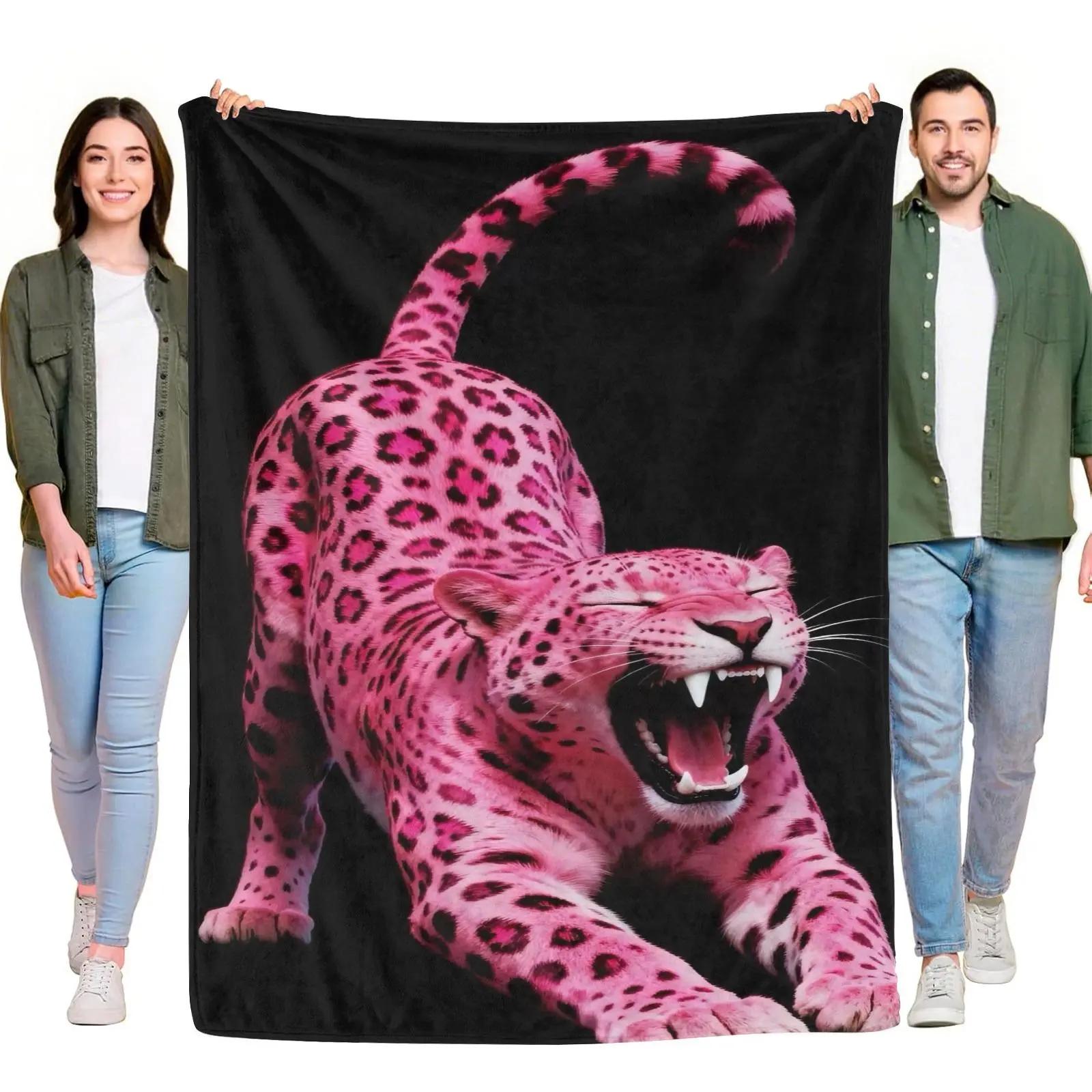 Pink Leopard Roaring Black Background Flannel Throw Blanket, Trendy Y2K Wild Cat Aesthetic Lightweight Blanket