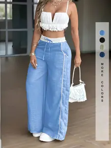 Y2K Light Greenish-Gray High Waist Wide Leg Pants, Loose Casual Trousers With Drawstring, European & American Style, Versatile & Slimming Straight Leg Pants For Spring/Summer, Womenswear