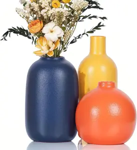 Colorful Ceramic Vase Set - Small Burnt Orange Blue Yellow Vases for Home Decor, Modern Farmhouse Style, Organic Accents for Living Room, Table, Shelf, Entryway, Set of 3