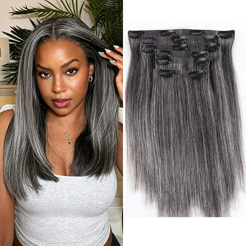 Ssawhair Salt Pepper Seamless PU Clip In Hair Extensions 100g 7Pcs Straight Human Hair Clip ins 100% Human Hair Skin Weft Gray Color Hair Clip Ins For Women