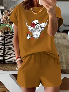Women's Cartoon Cow Print Short Sleeve Tee & Shorts Two-piece Set, Casual Round Neck T-shirt & Shorts, Ladies Two-piece Outfits for Daily Wear
